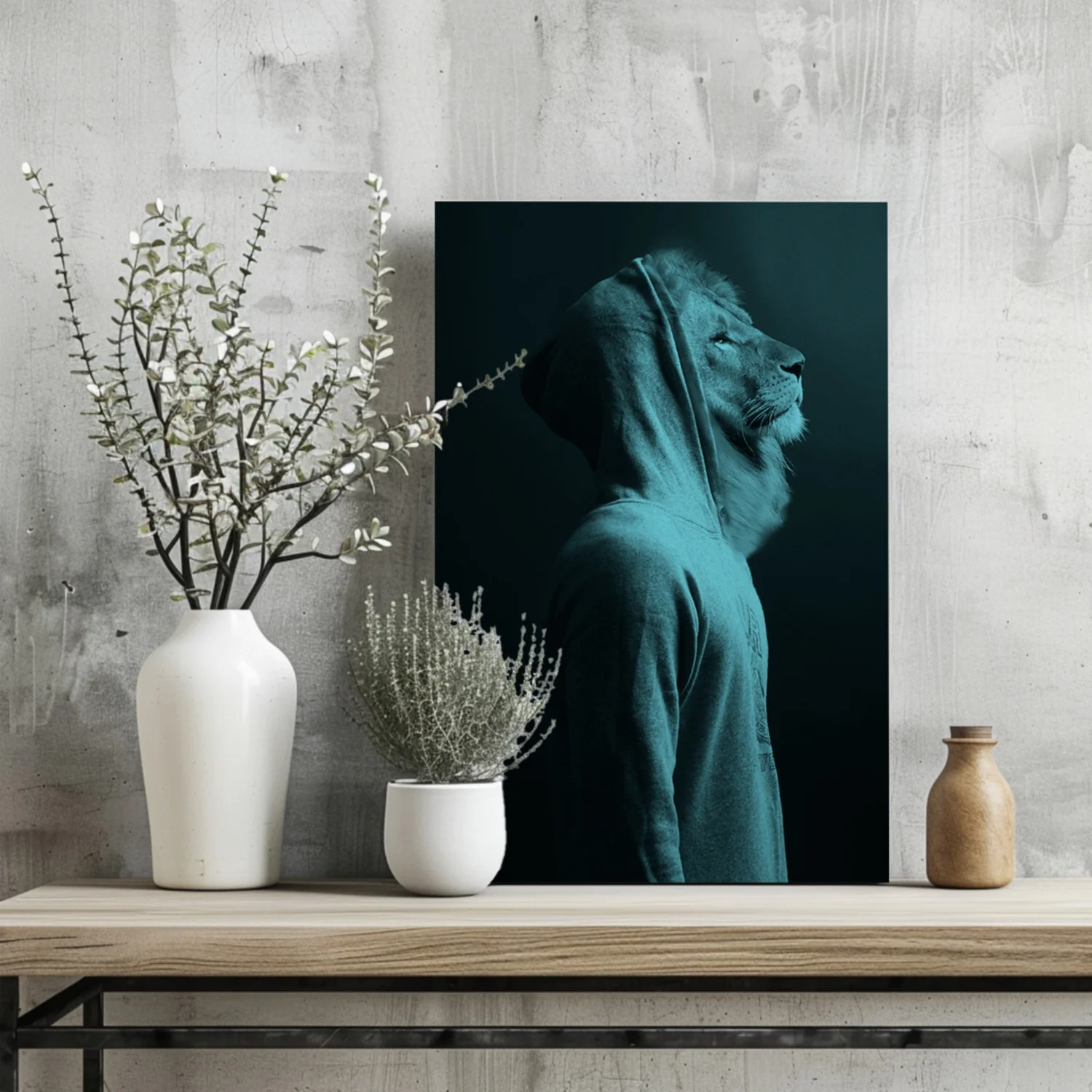 Teal Lion in Hoodie Aluminum Print - Image 2