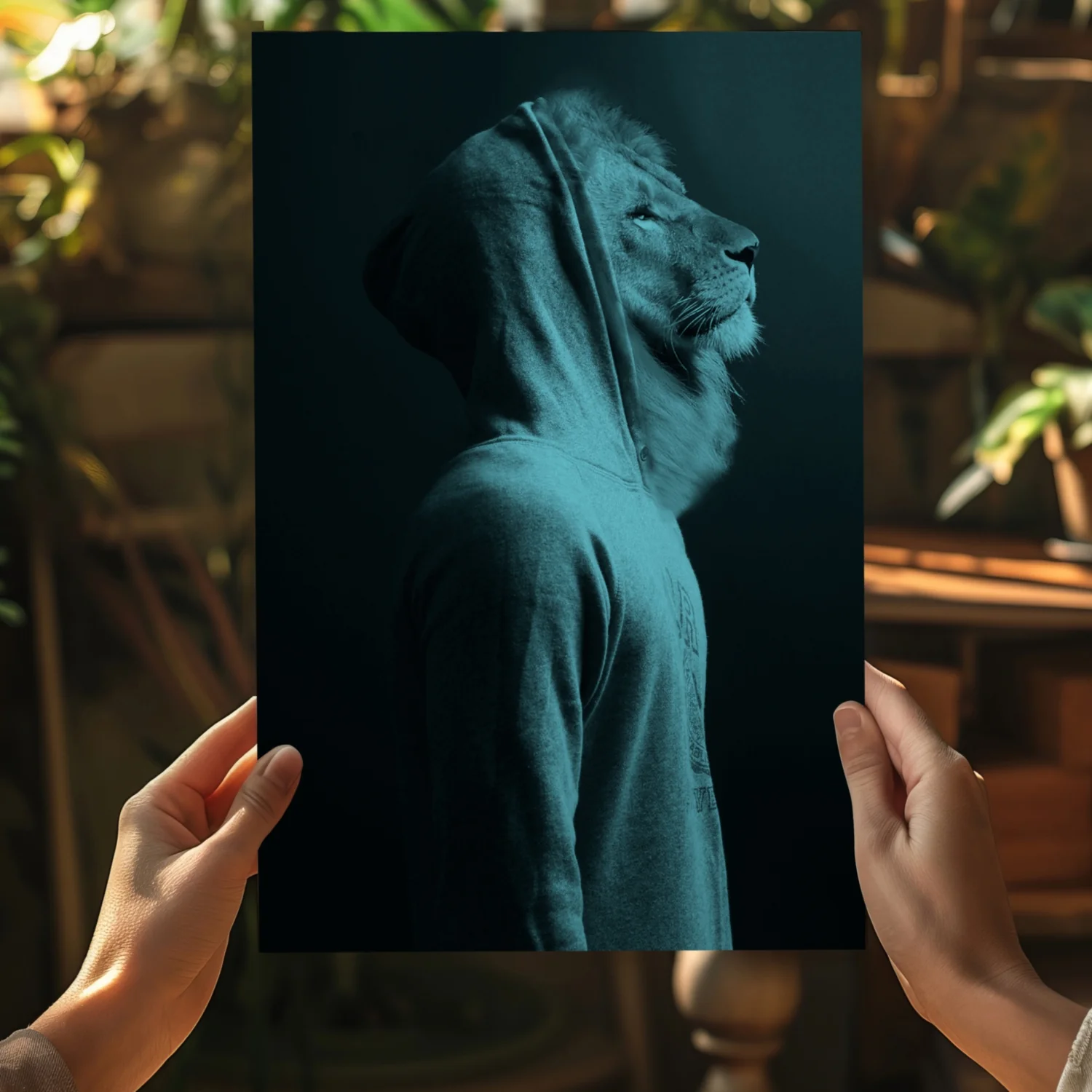 Teal Lion in Hoodie Aluminum Print - Image 5
