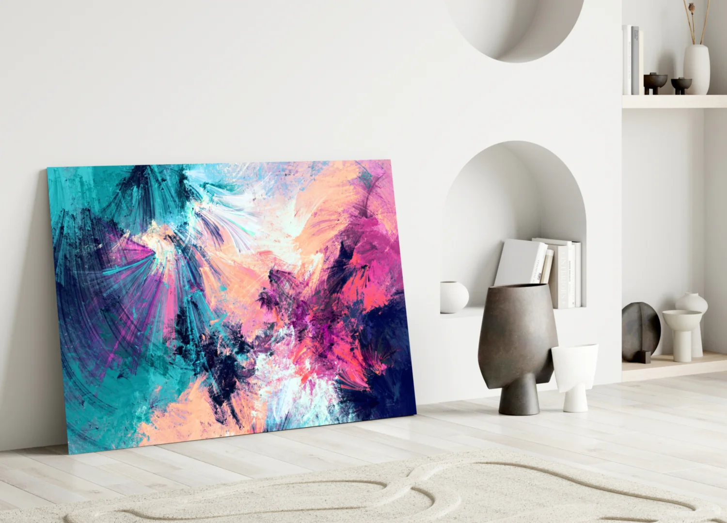 Teal Pink Feathered Splash Glass Wall Art - Image 3