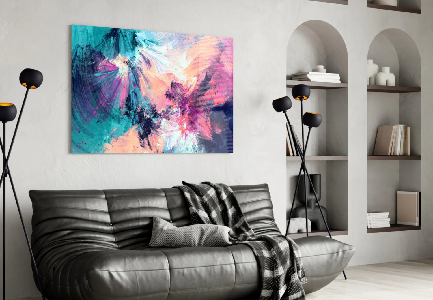 Teal Pink Feathered Splash Glass Wall Art - Image 4