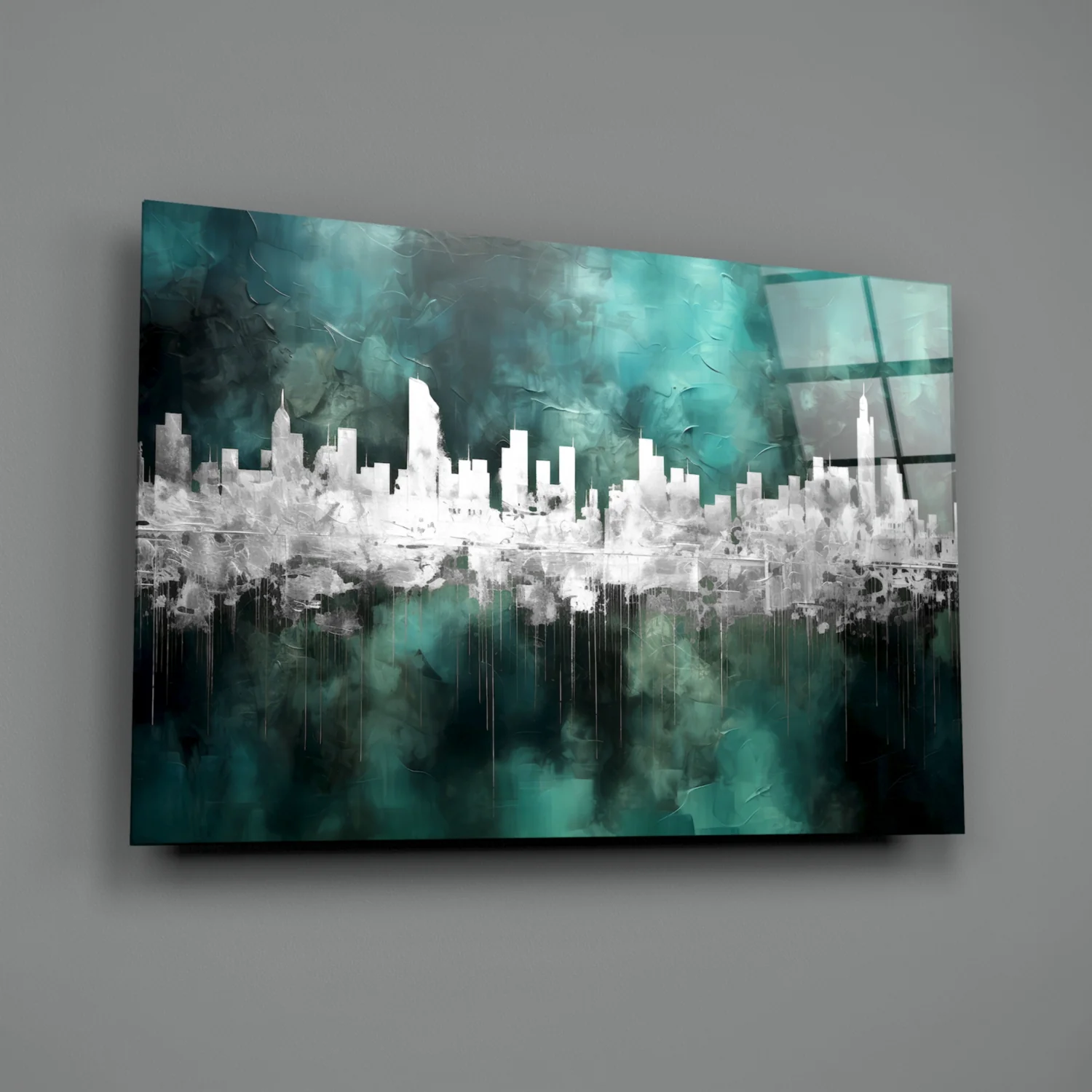 Teal Reflected City Skyline Glass Wall Art - Image 2