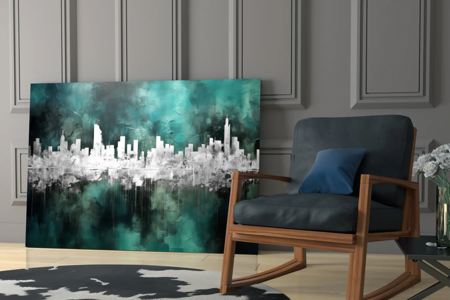 Teal Reflected City Skyline Glass Wall Art - Image 6