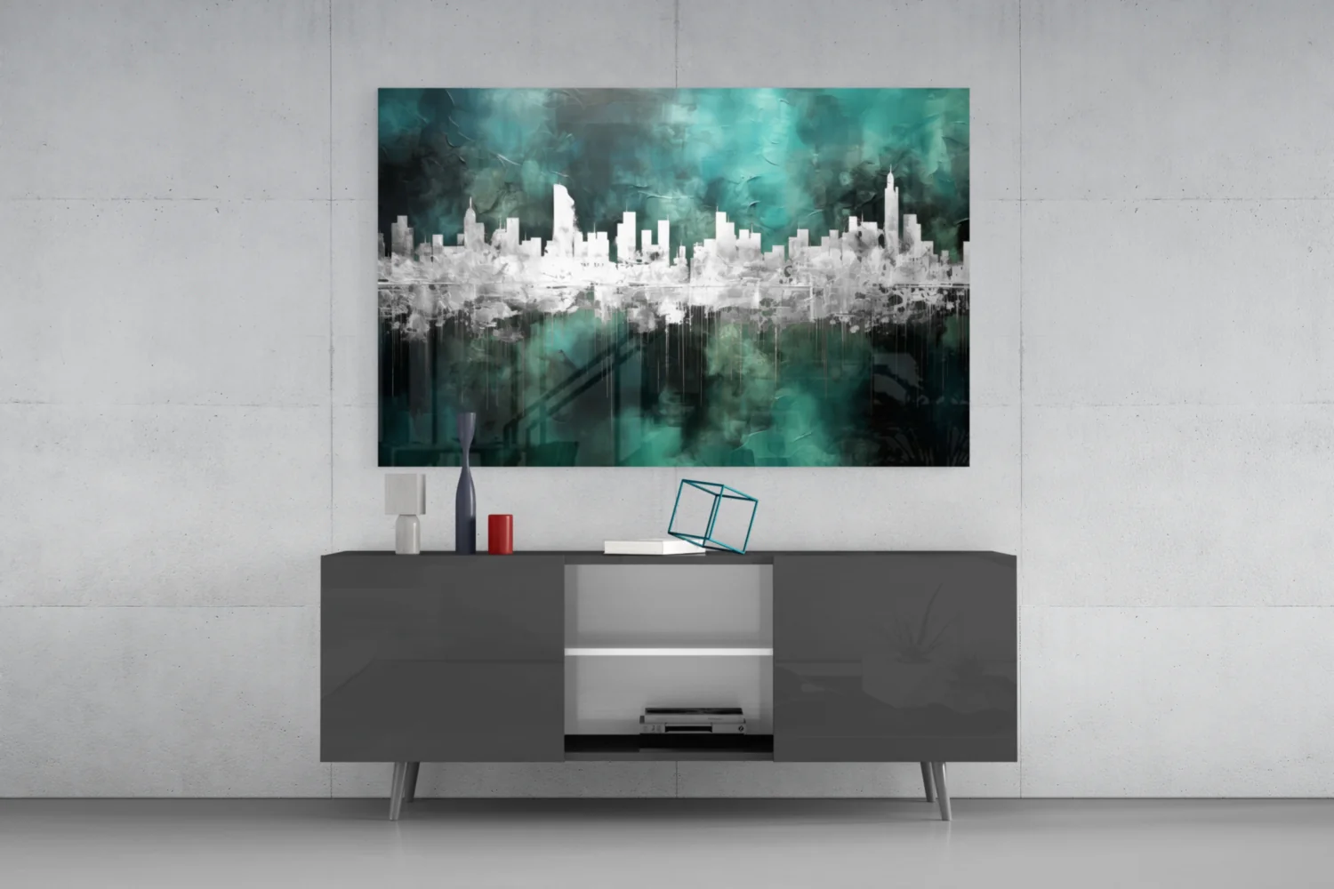 Teal Reflected City Skyline Glass Wall Art - Image 8