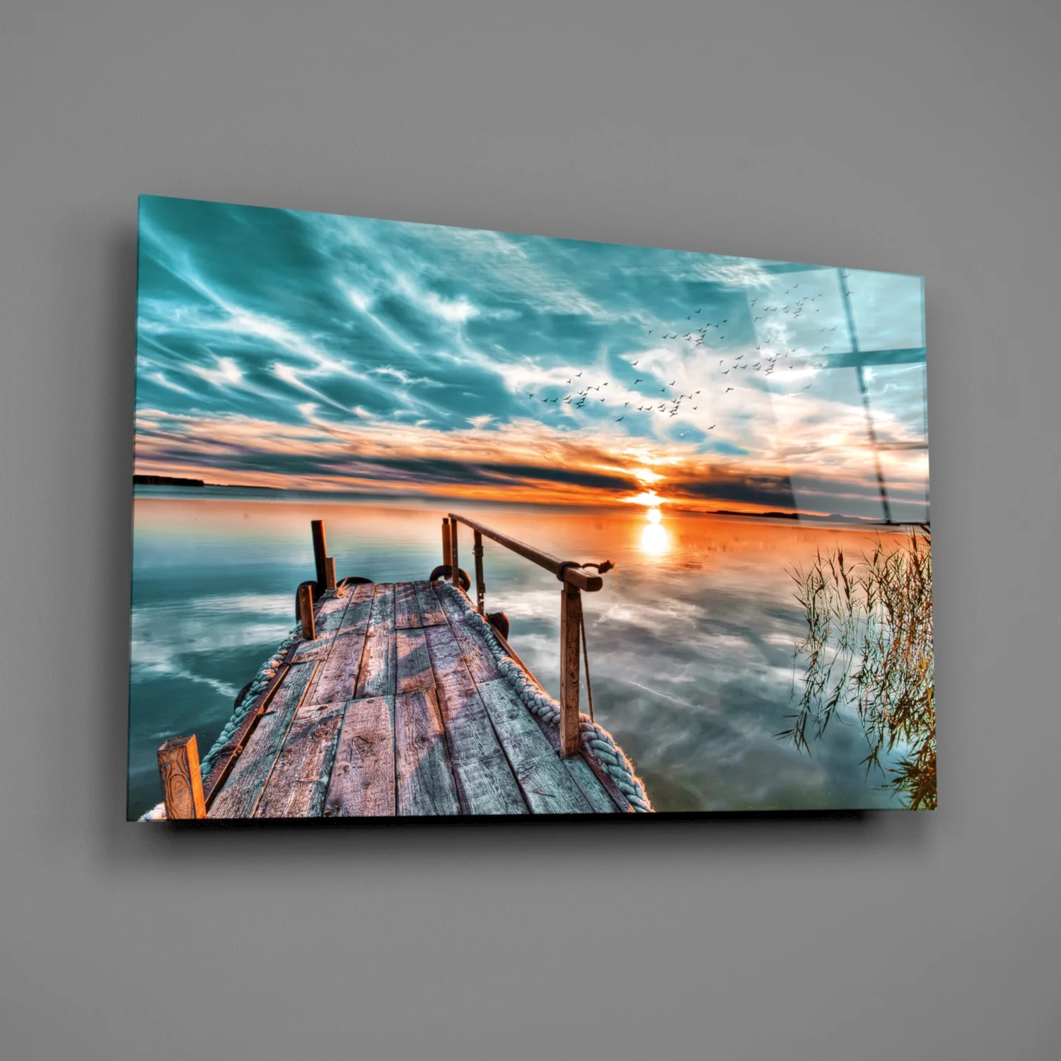 Teal Sky Jetty Sunset Glass Wall Art - Image 2