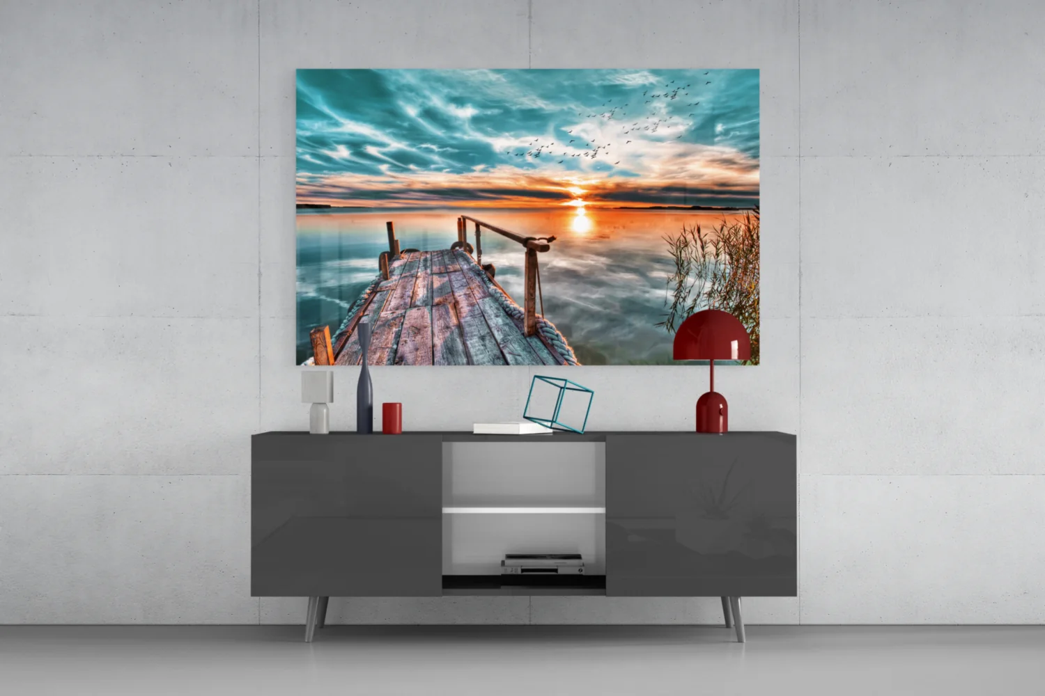Teal Sky Jetty Sunset Glass Wall Art - Image 8