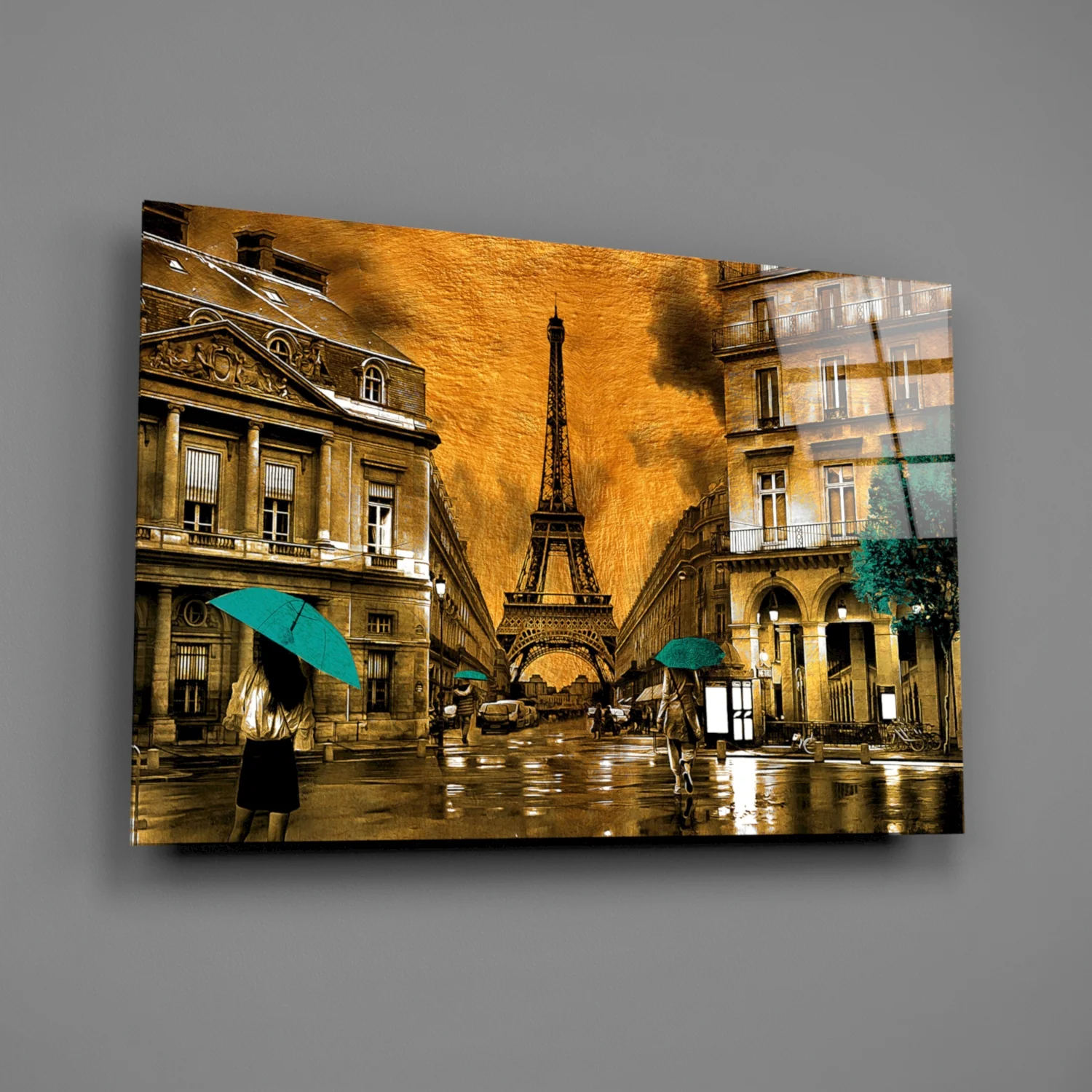 Teal Umbrellas Golden Paris Glass Wall Art - Image 2