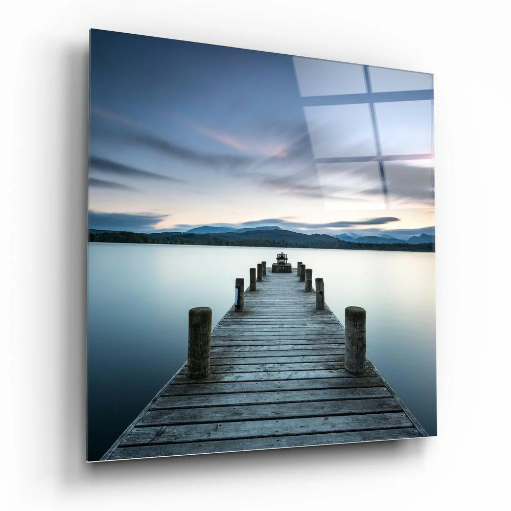 Tranquil Blue Lake Wooden Jetty Glass Wall Art - Image 2
