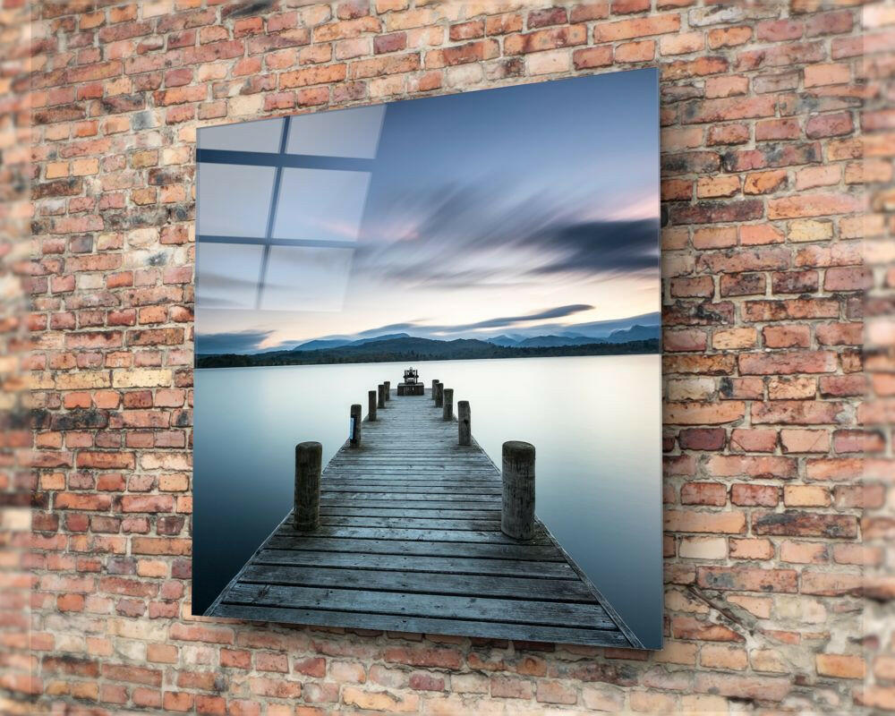 Tranquil Blue Lake Wooden Jetty Glass Wall Art - Image 3