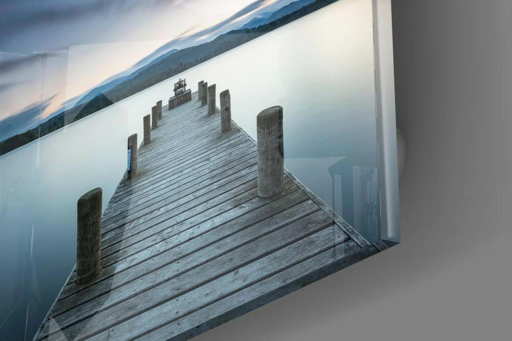 Tranquil Blue Lake Wooden Jetty Glass Wall Art - Image 4