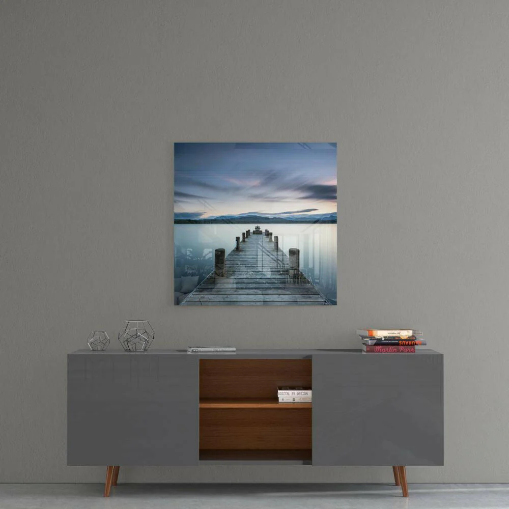 Tranquil Blue Lake Wooden Jetty Glass Wall Art - Image 5