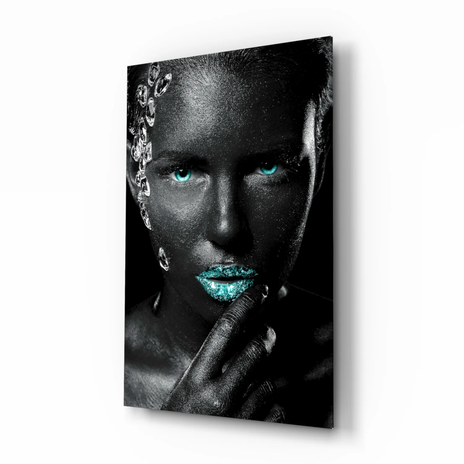 Turquoise Eyes Silver Gems Woman Glass Wall Art