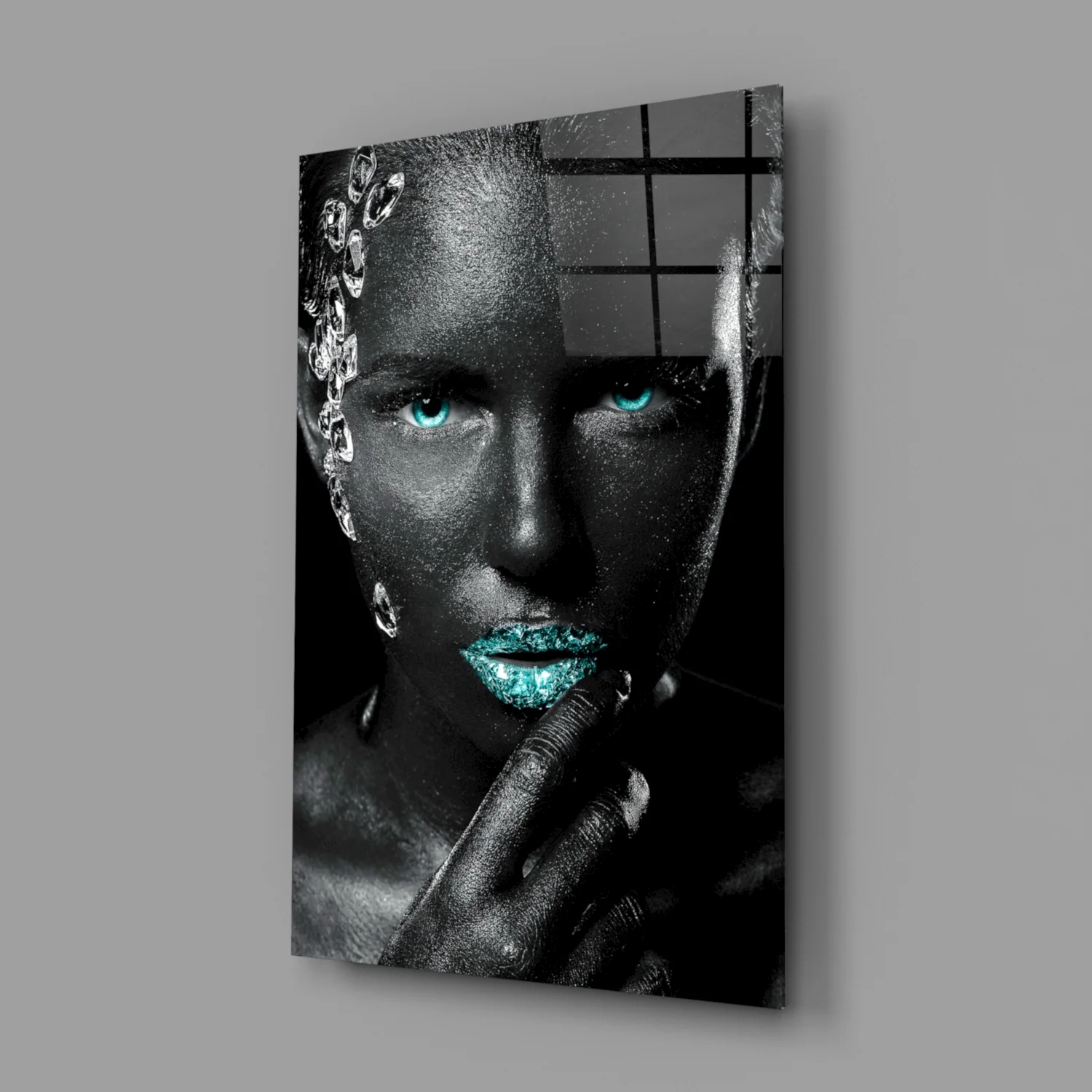 Turquoise Eyes Silver Gems Woman Glass Wall Art - Image 2