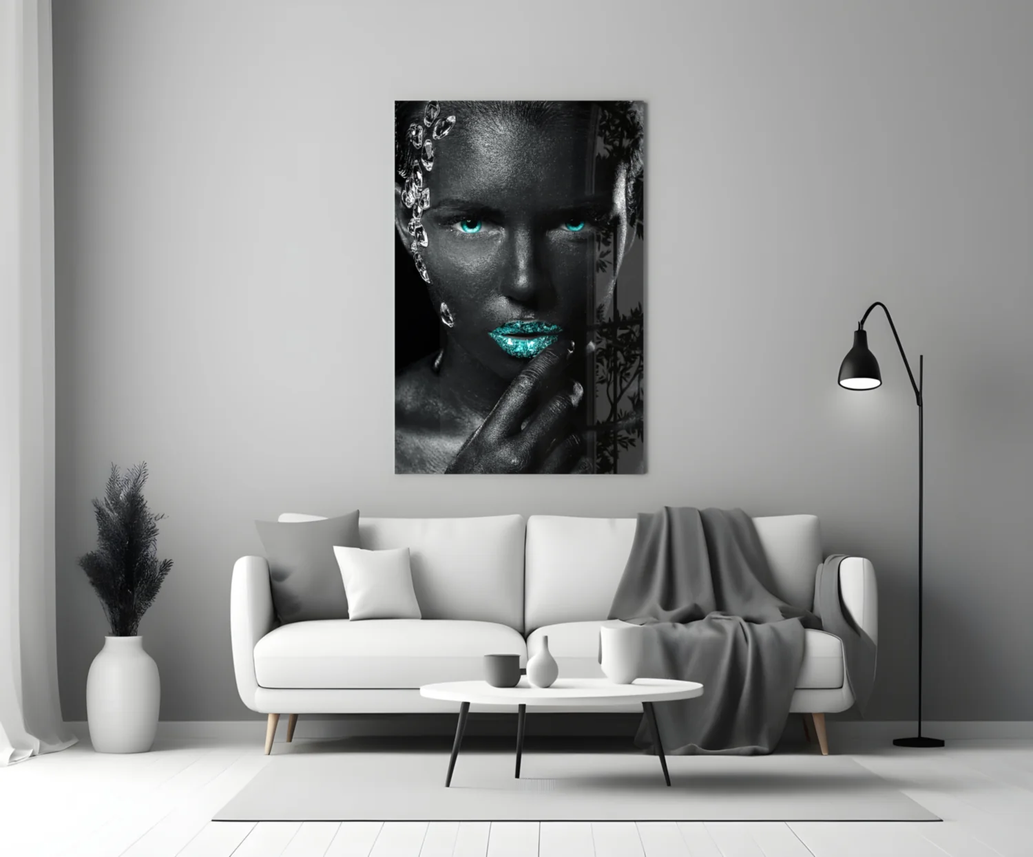 Turquoise Eyes Silver Gems Woman Glass Wall Art - Image 3