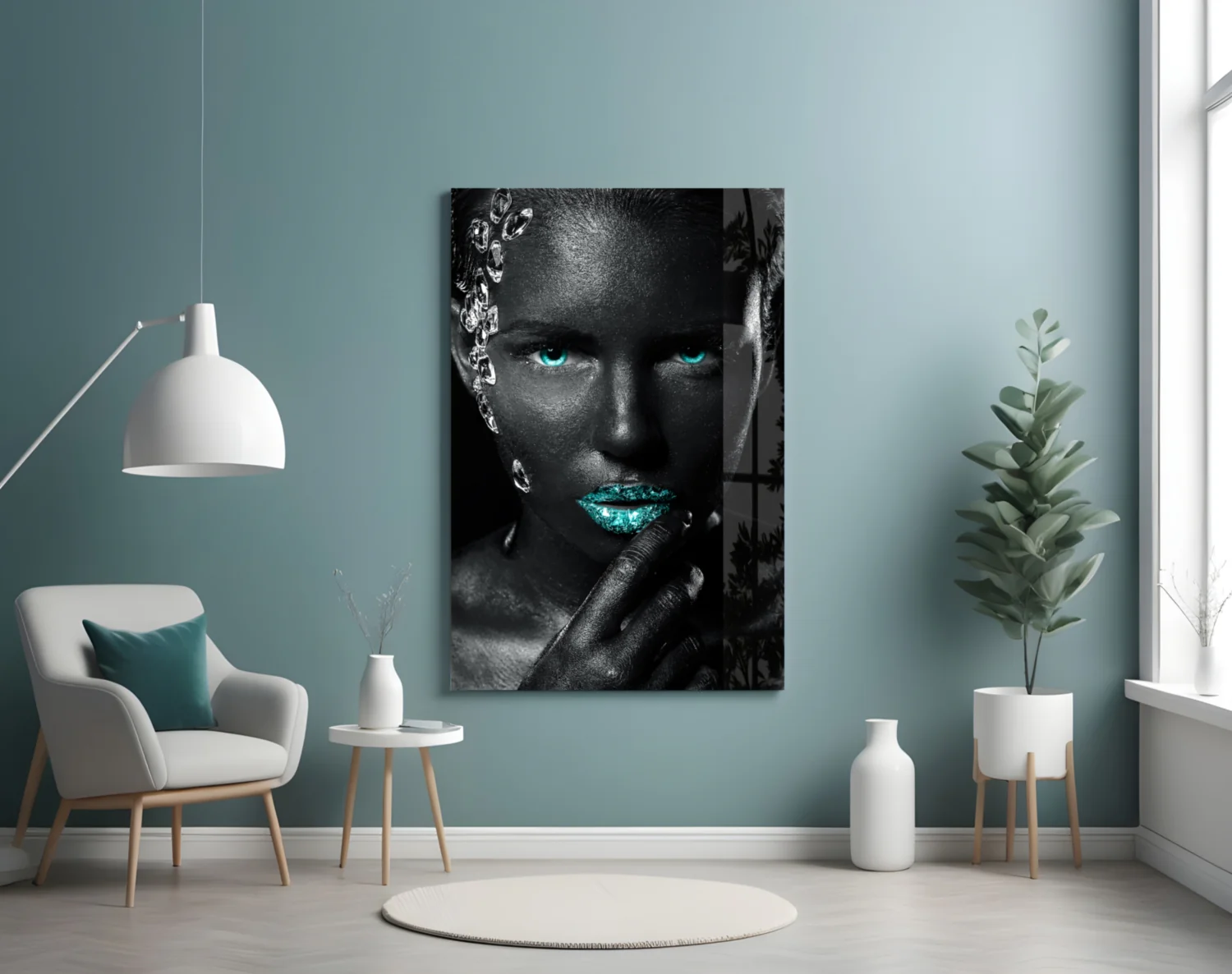 Turquoise Eyes Silver Gems Woman Glass Wall Art - Image 4