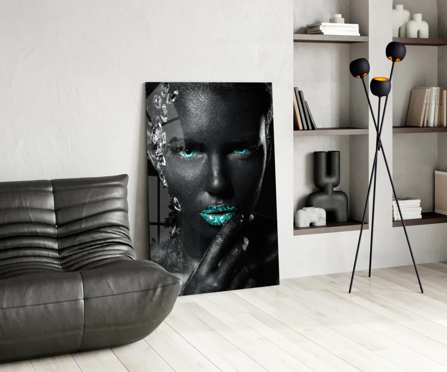Turquoise Eyes Silver Gems Woman Glass Wall Art - Image 5