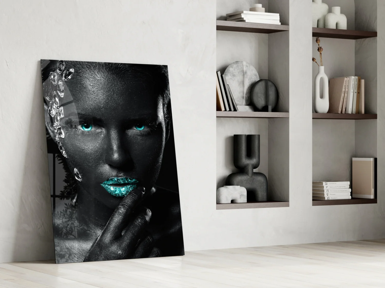 Turquoise Eyes Silver Gems Woman Glass Wall Art - Image 6