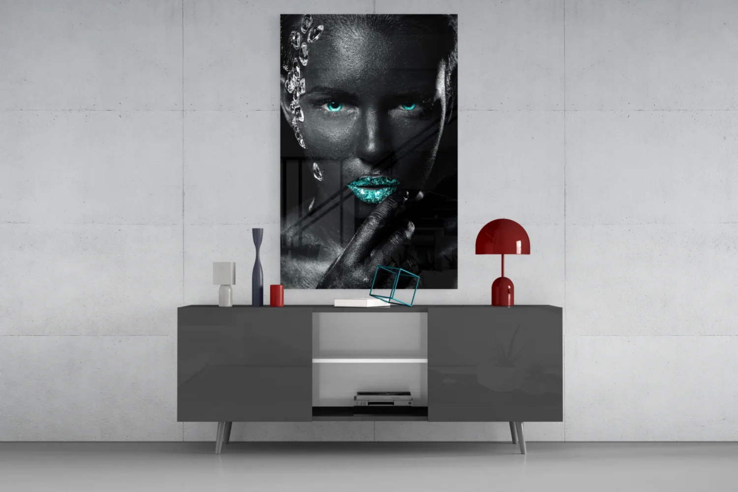 Turquoise Eyes Silver Gems Woman Glass Wall Art - Image 8