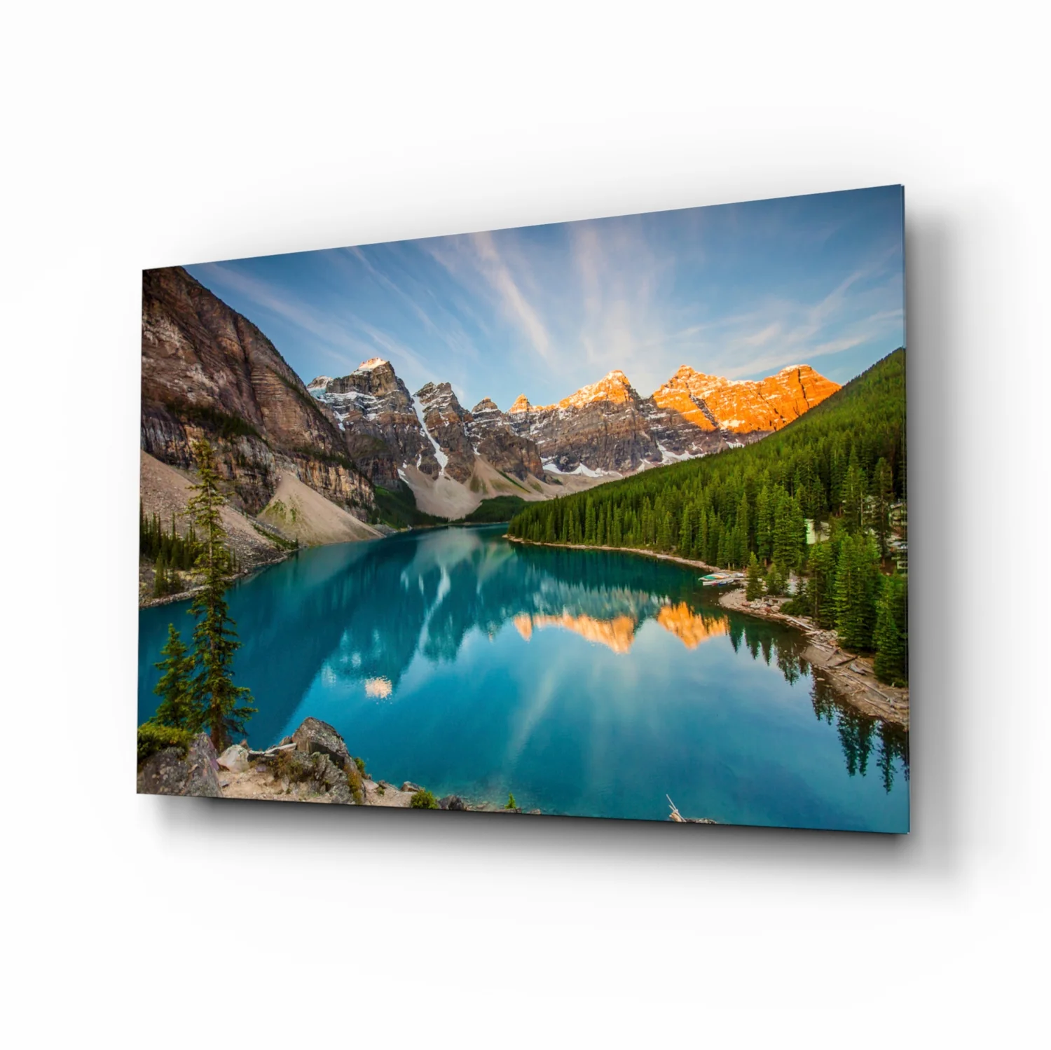 Turquoise Mountain Lake Sunrise Glass Wall Art