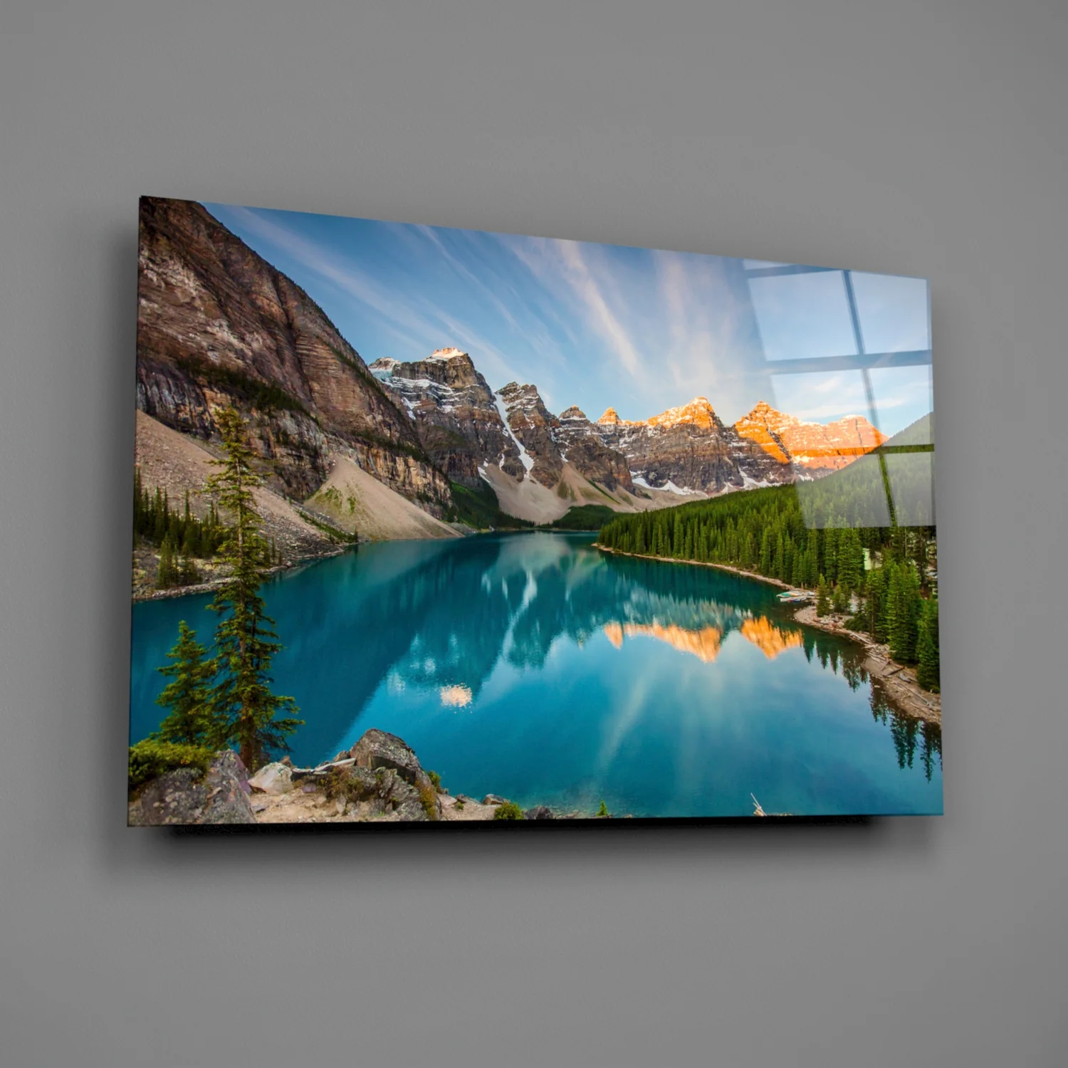 Turquoise Mountain Lake Sunrise Glass Wall Art - Image 2