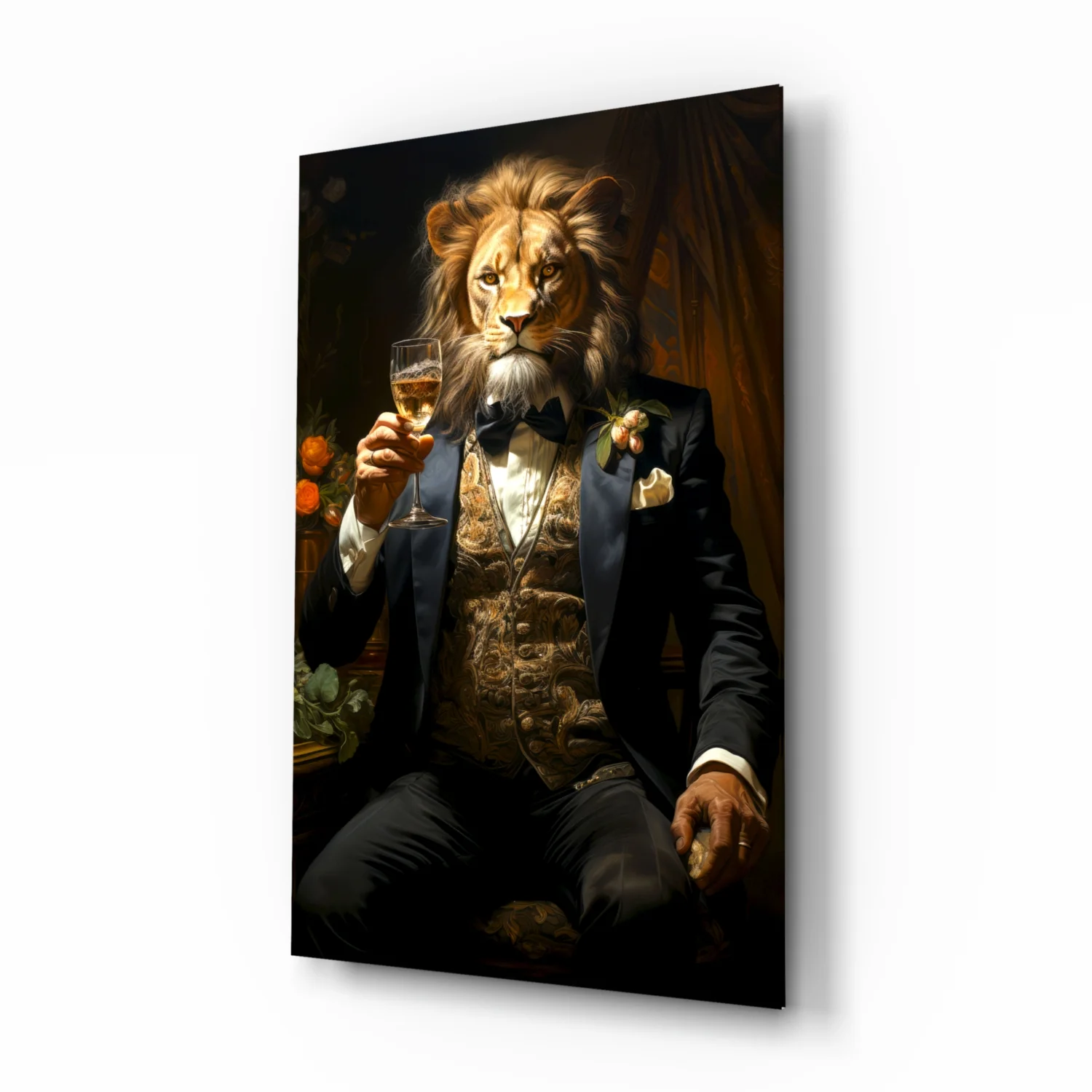 Tuxedo Lion with Wine by Window Glass Wall Art - Image 2