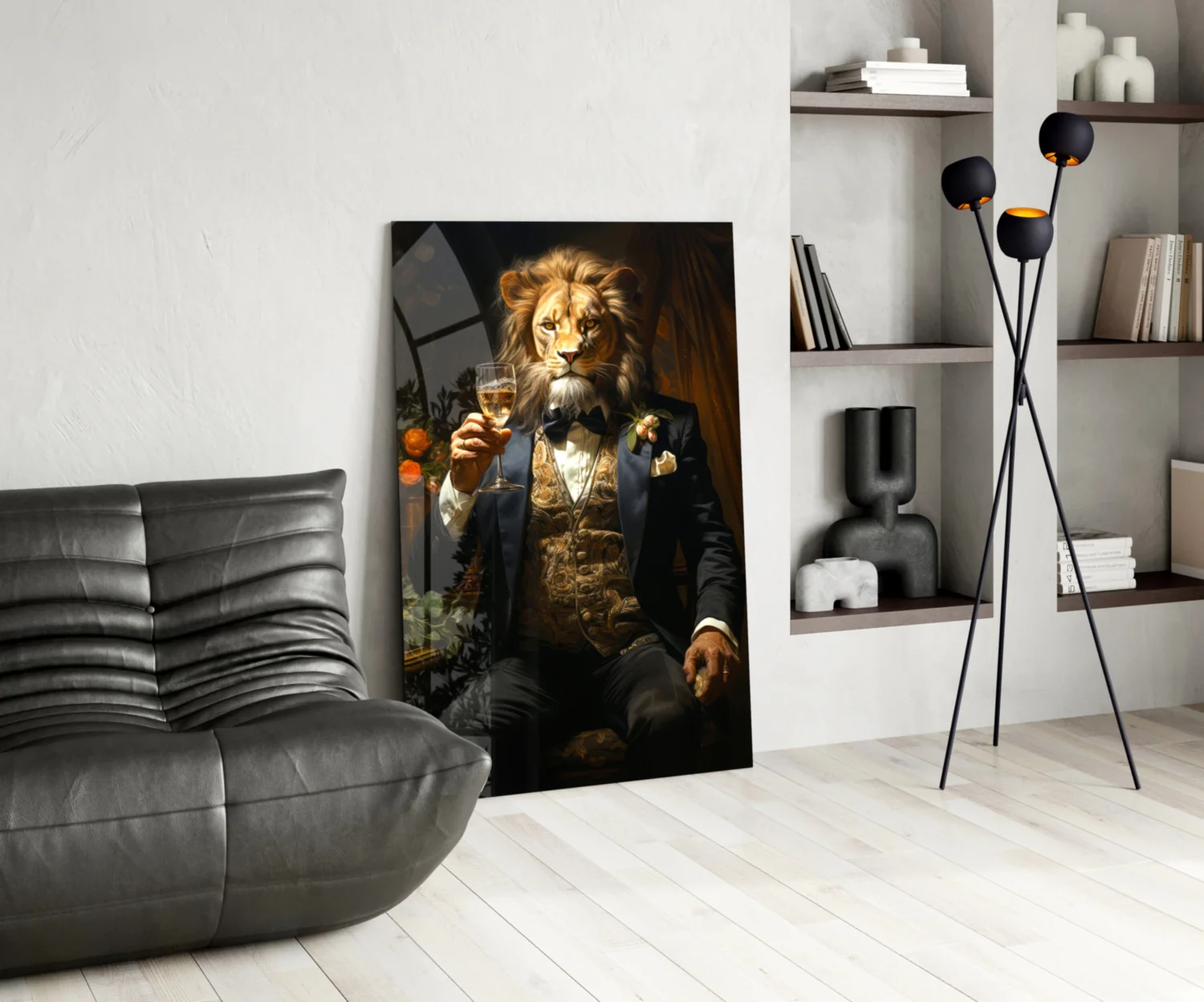 Tuxedo Lion with Wine by Window Glass Wall Art - Image 6