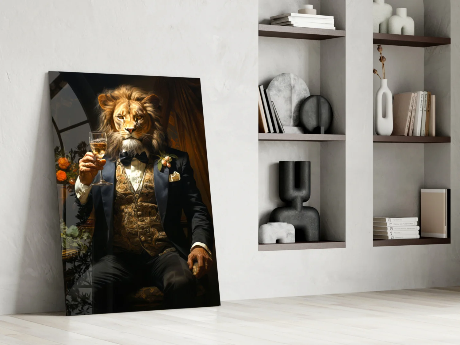 Tuxedo Lion with Wine by Window Glass Wall Art - Image 7