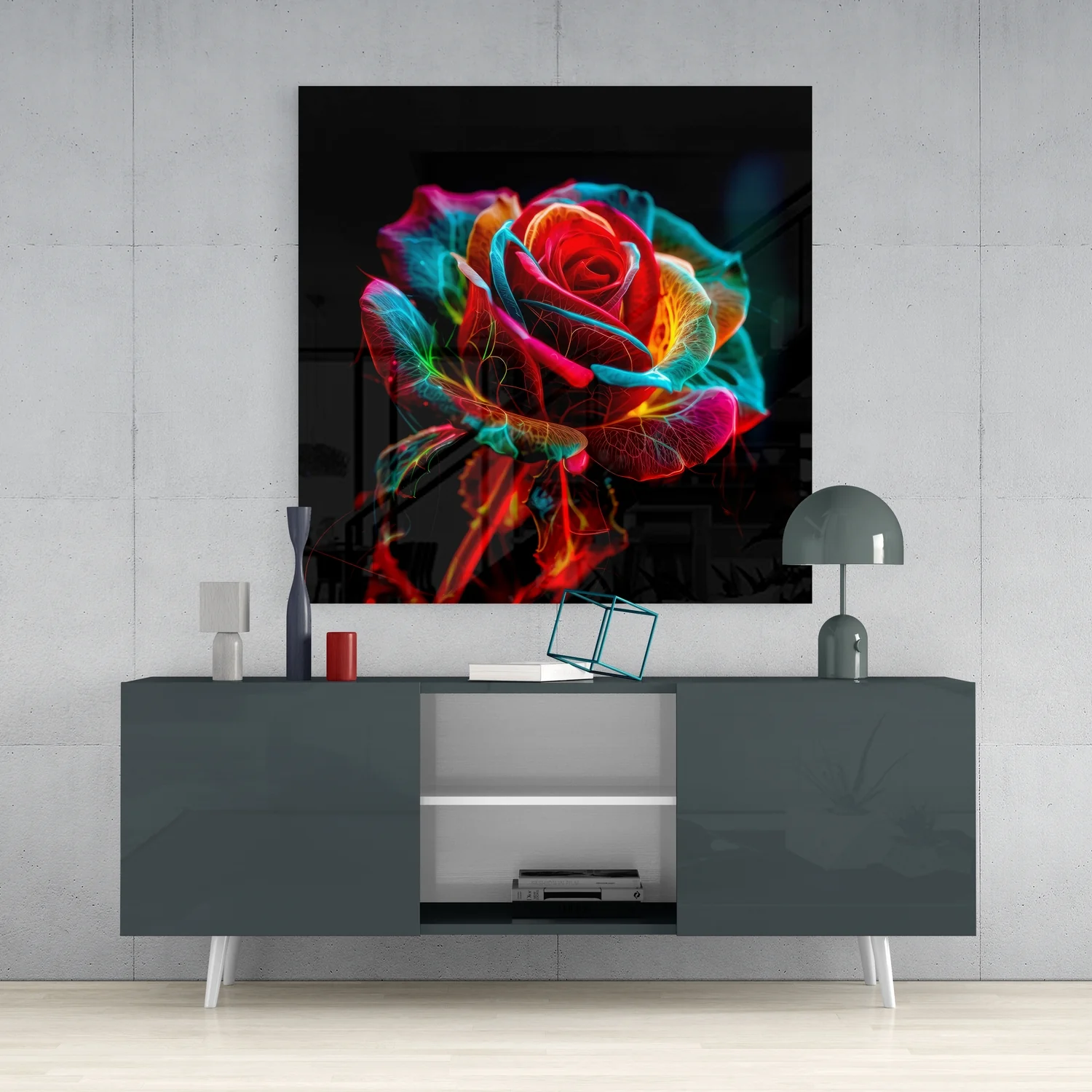 Vibrant Neon Multicolor Rose Glass Wall Art - Image 4