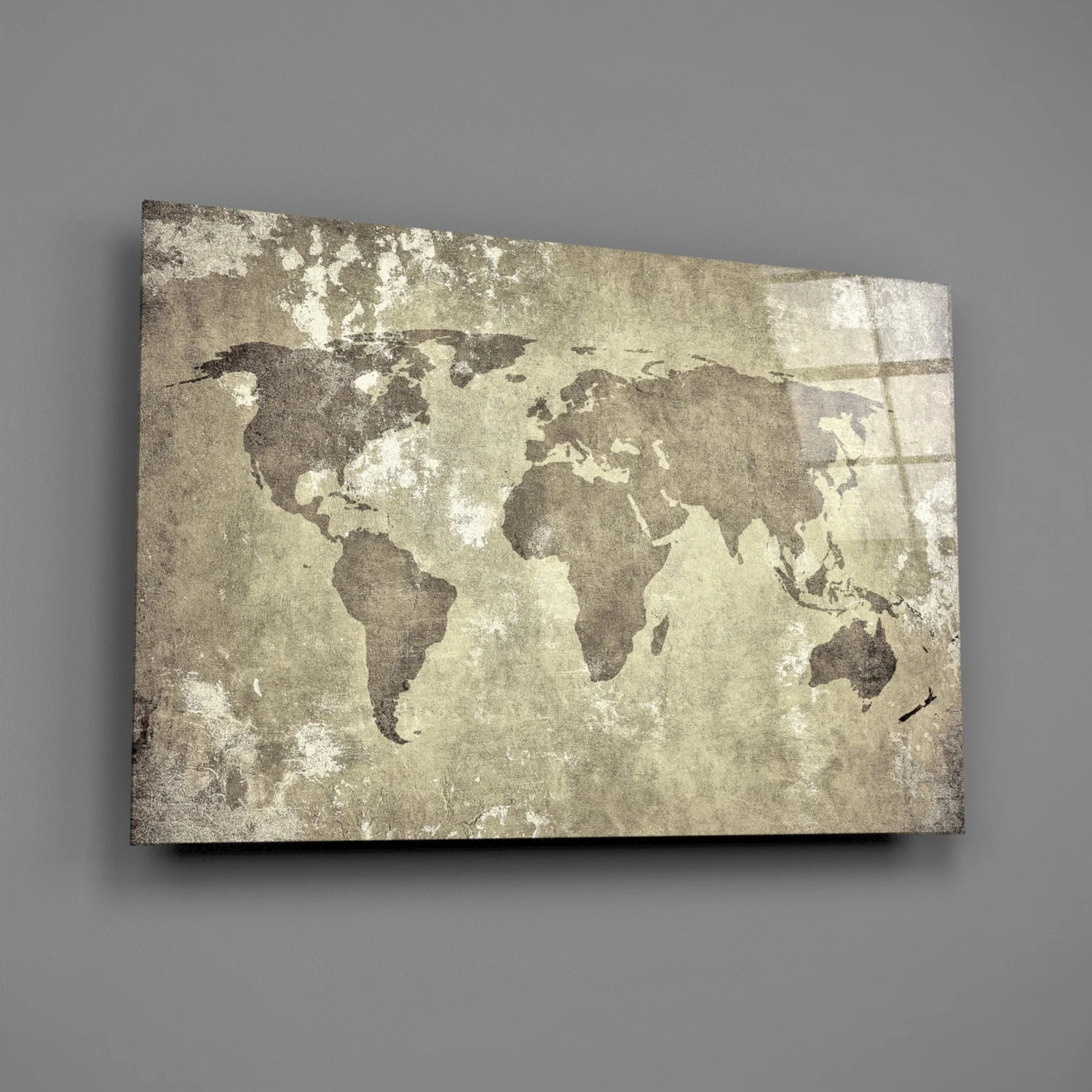 Vintage Distressed Beige World Map Glass Wall Art - Image 2