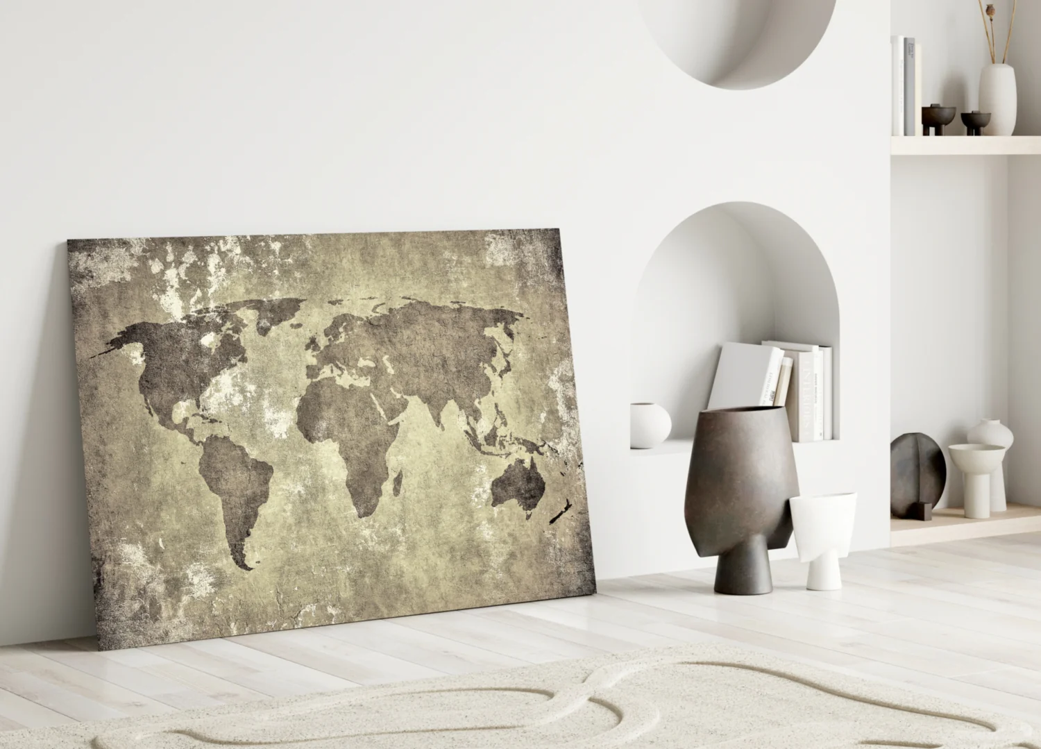 Vintage Distressed Beige World Map Glass Wall Art - Image 3