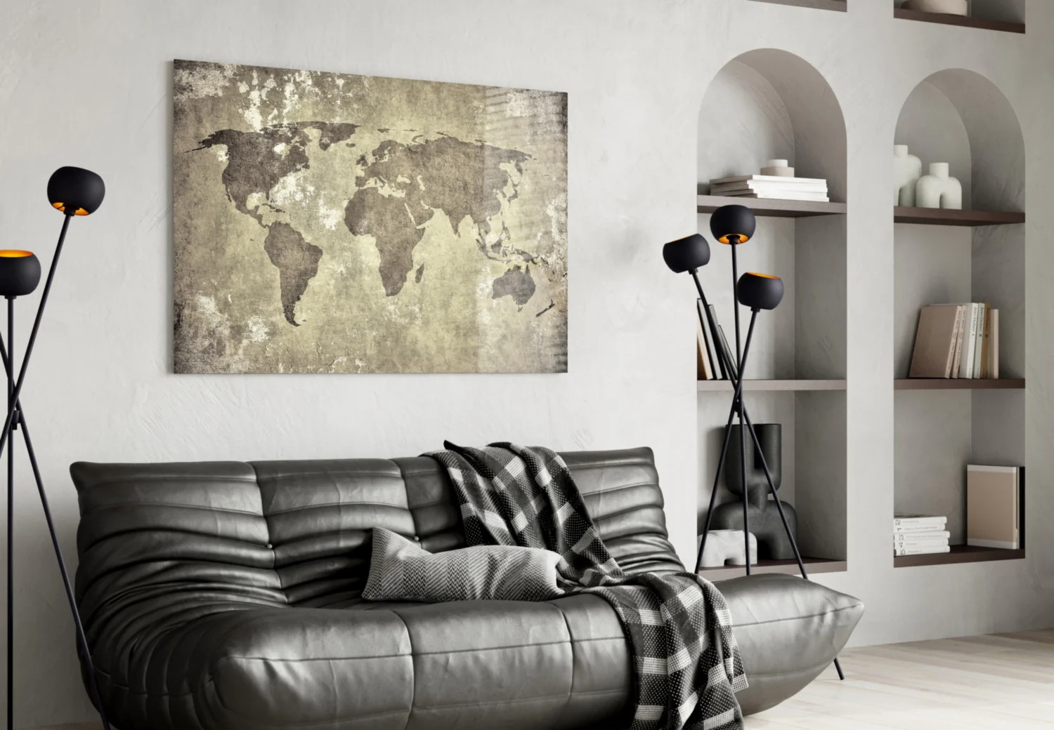 Vintage Distressed Beige World Map Glass Wall Art - Image 4