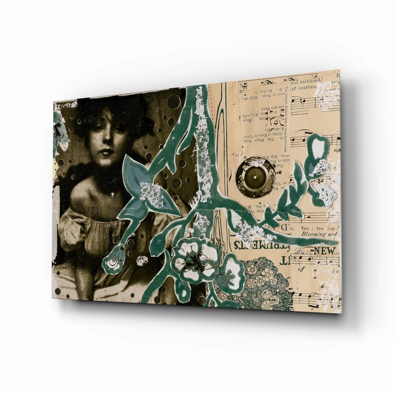 Vintage Lady Floral Collage Glass Wall Art