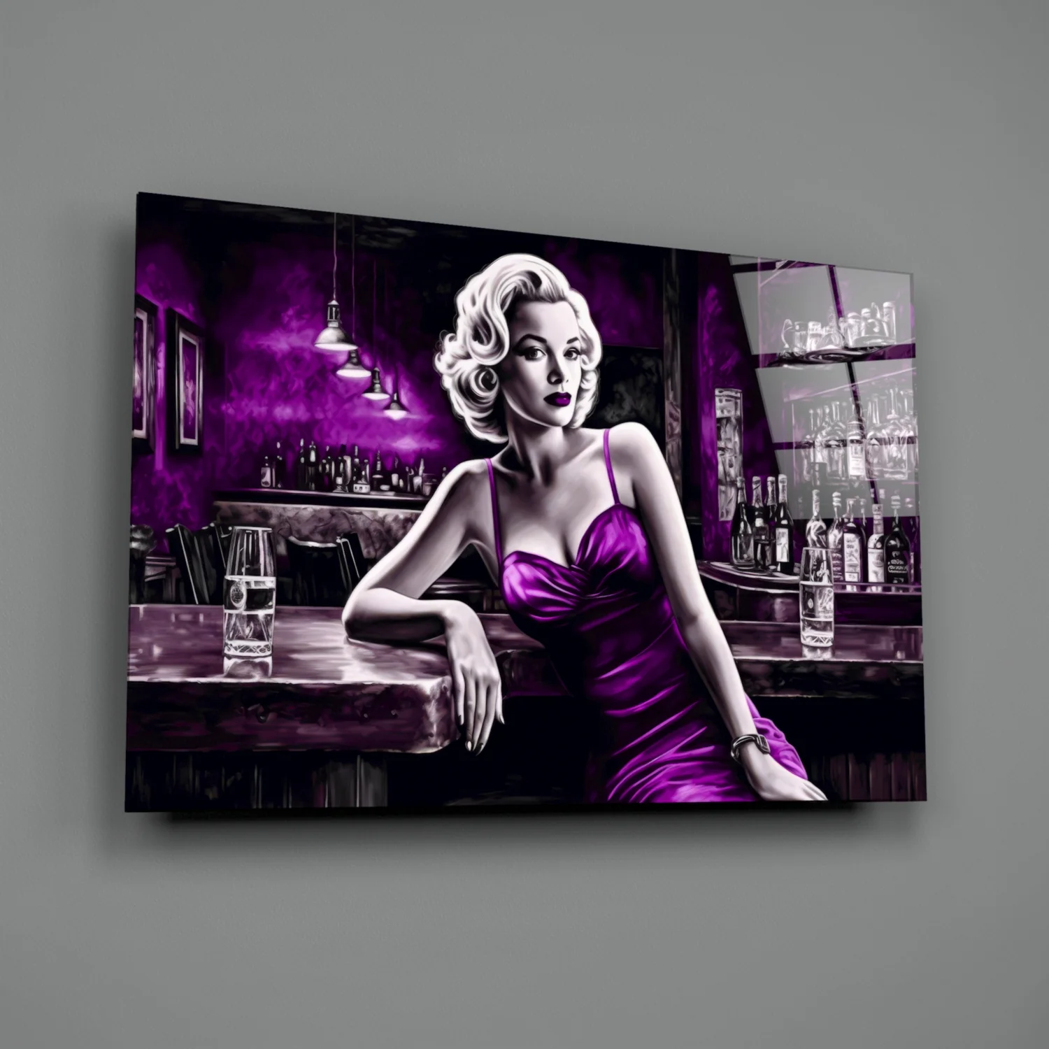 Violet Satin Blonde at Bar Glass Wall Art - Image 2