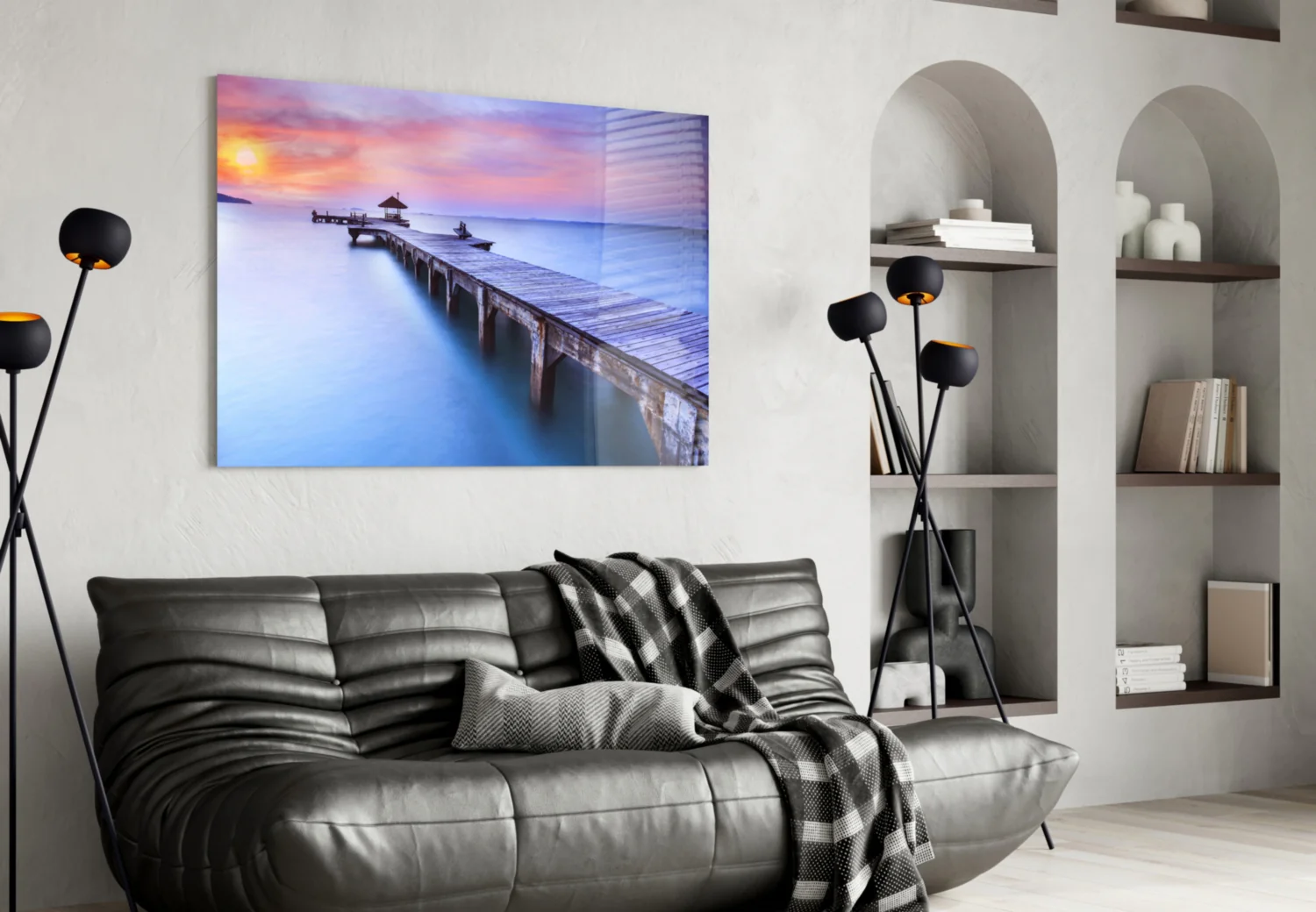 Violet Sunrise Wooden Pier Glass Wall Art - Image 5