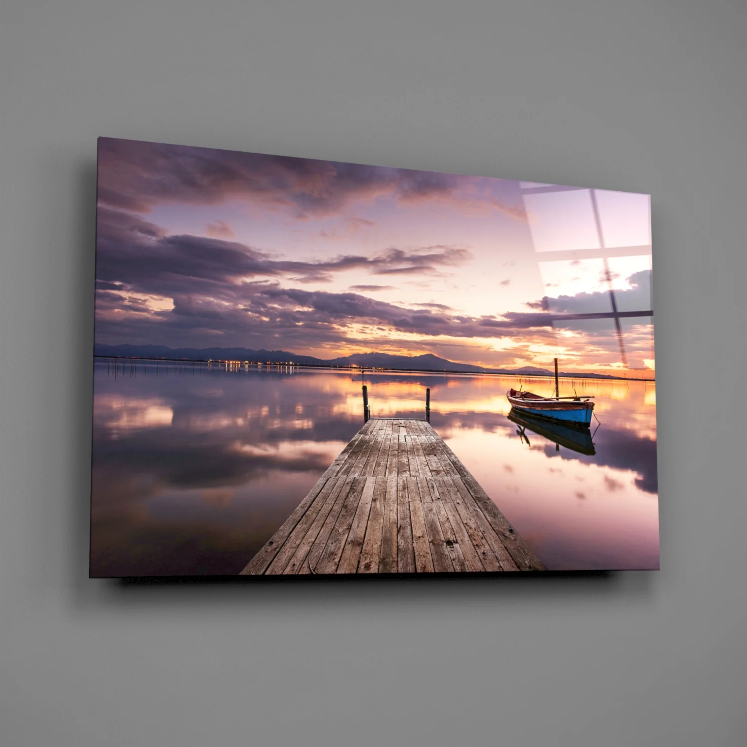 Violet Sunset Lone Boat Jetty Glass Wall Art - Image 2