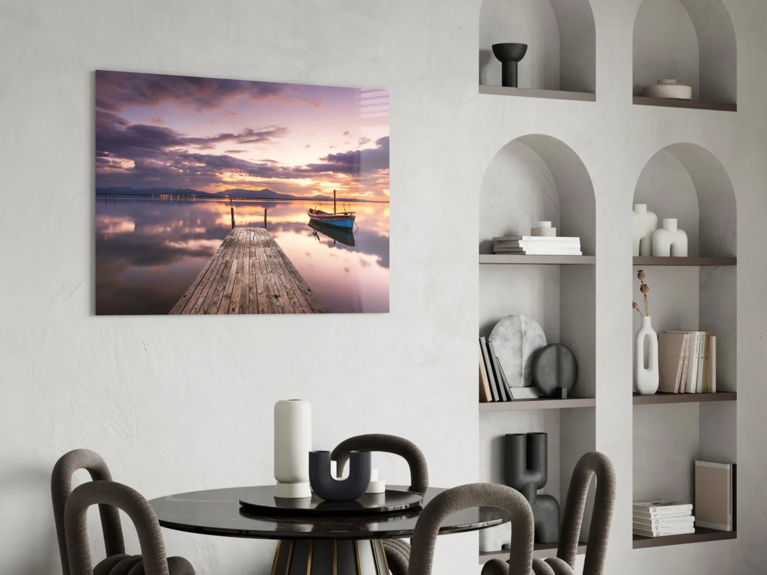 Violet Sunset Lone Boat Jetty Glass Wall Art - Image 5