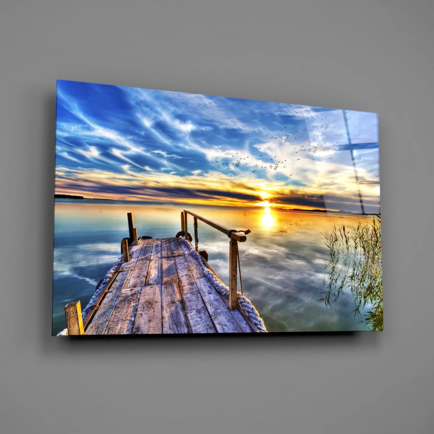 Vivid Blue Sky Sunset Dock Glass Wall Art - Image 2