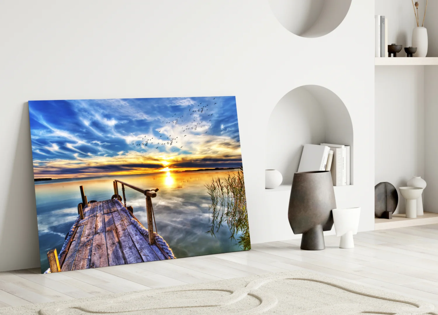 Vivid Blue Sky Sunset Dock Glass Wall Art - Image 3