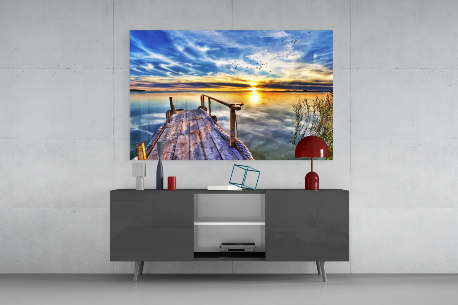 Vivid Blue Sky Sunset Dock Glass Wall Art - Image 8