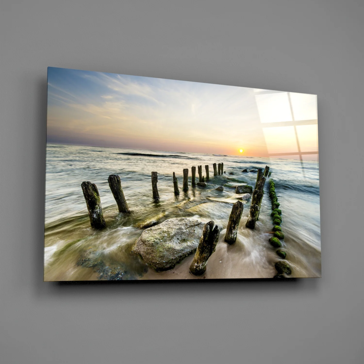 Weathered Groyne Posts Seascape Glass Wall Art - Image 2
