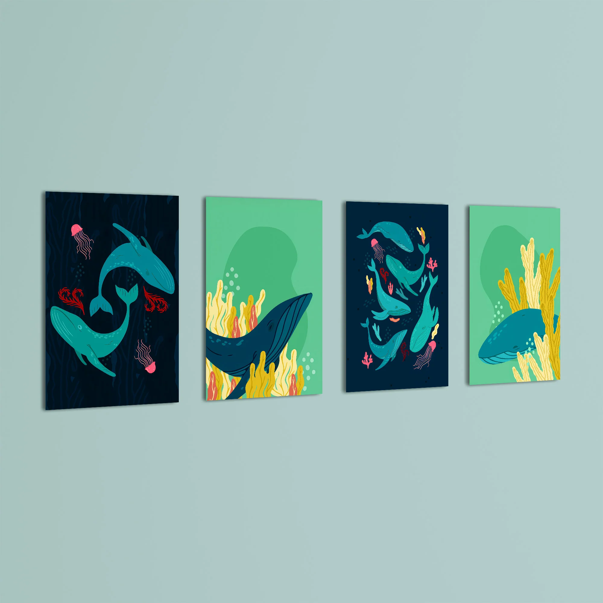 Whales & Coral Reef 4 Pieces Kids Metal Wall Art