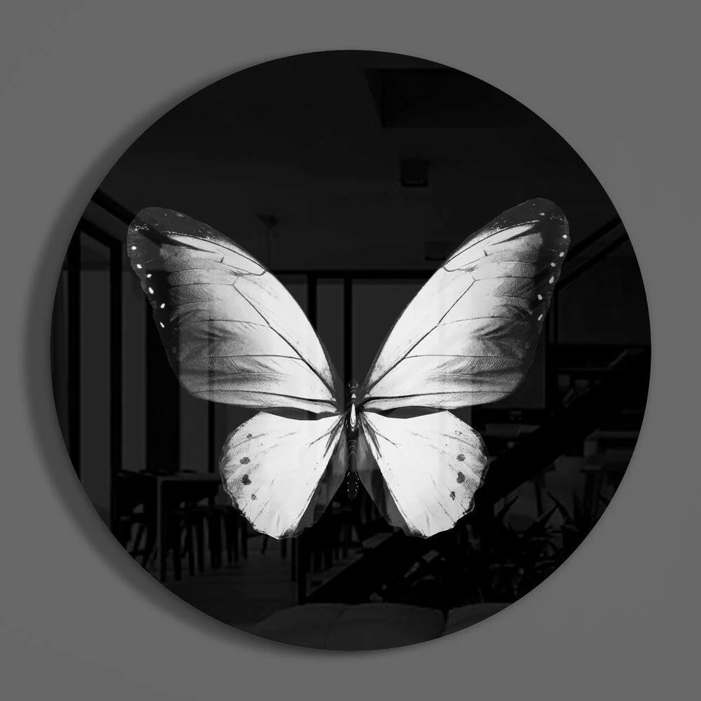 White Butterfly on Black Glass Wall Art - Image 3