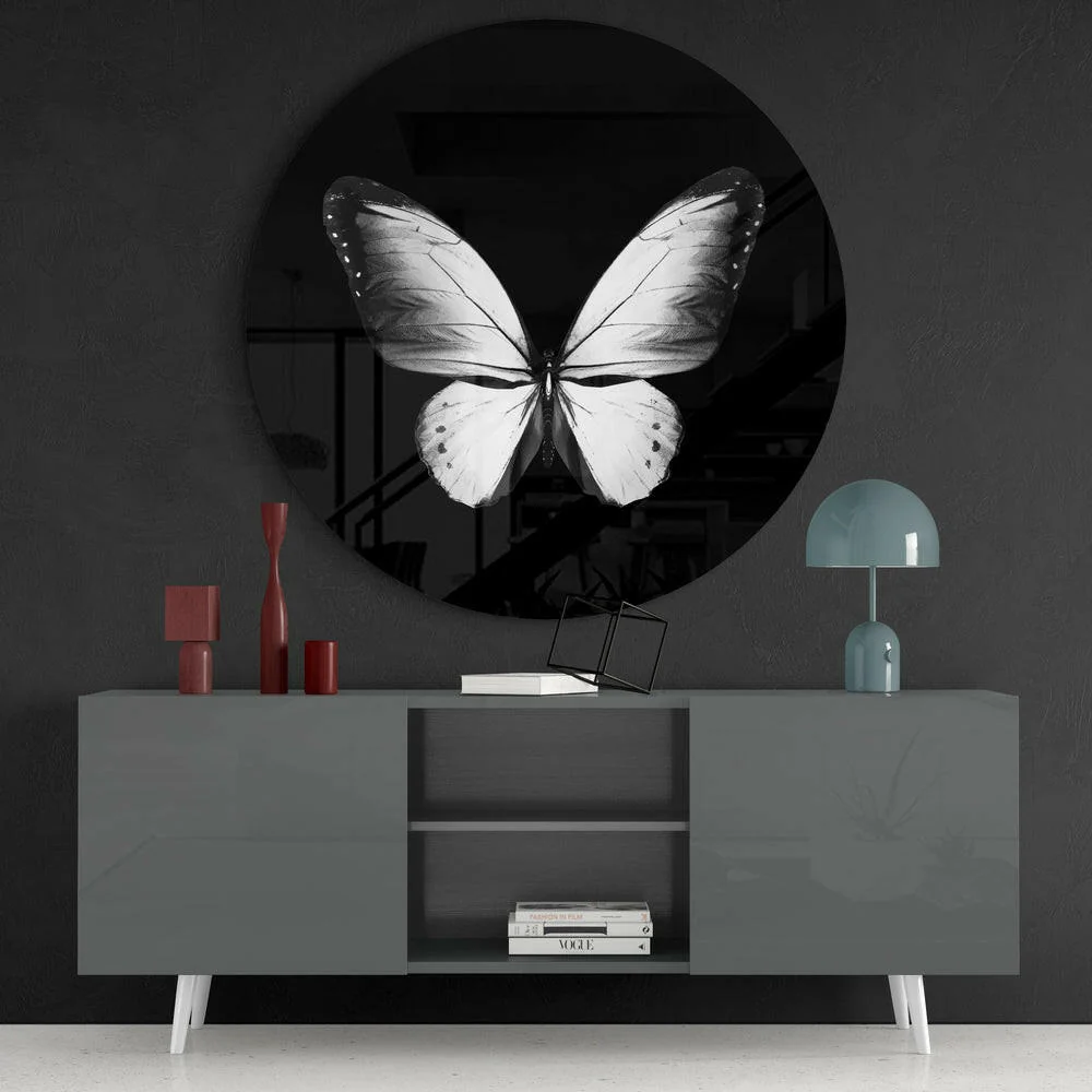 White Butterfly on Black Glass Wall Art - Image 4