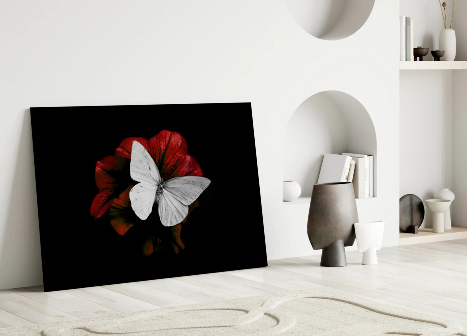 White Butterfly on Red Bloom Glass Wall Art - Image 3