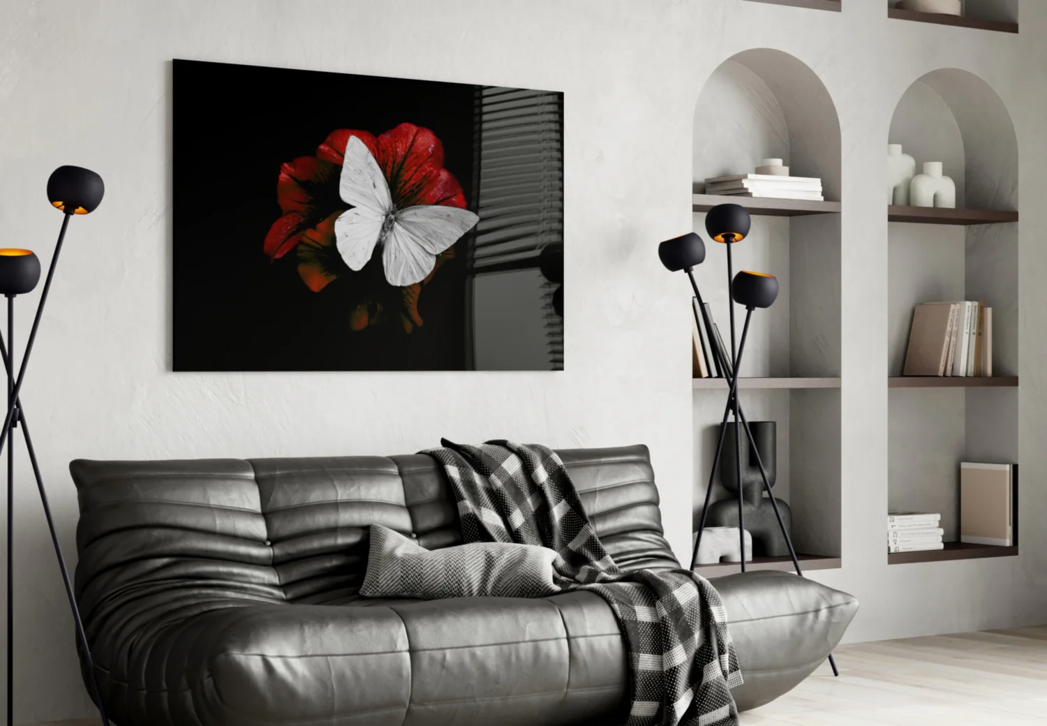 White Butterfly on Red Bloom Glass Wall Art - Image 4