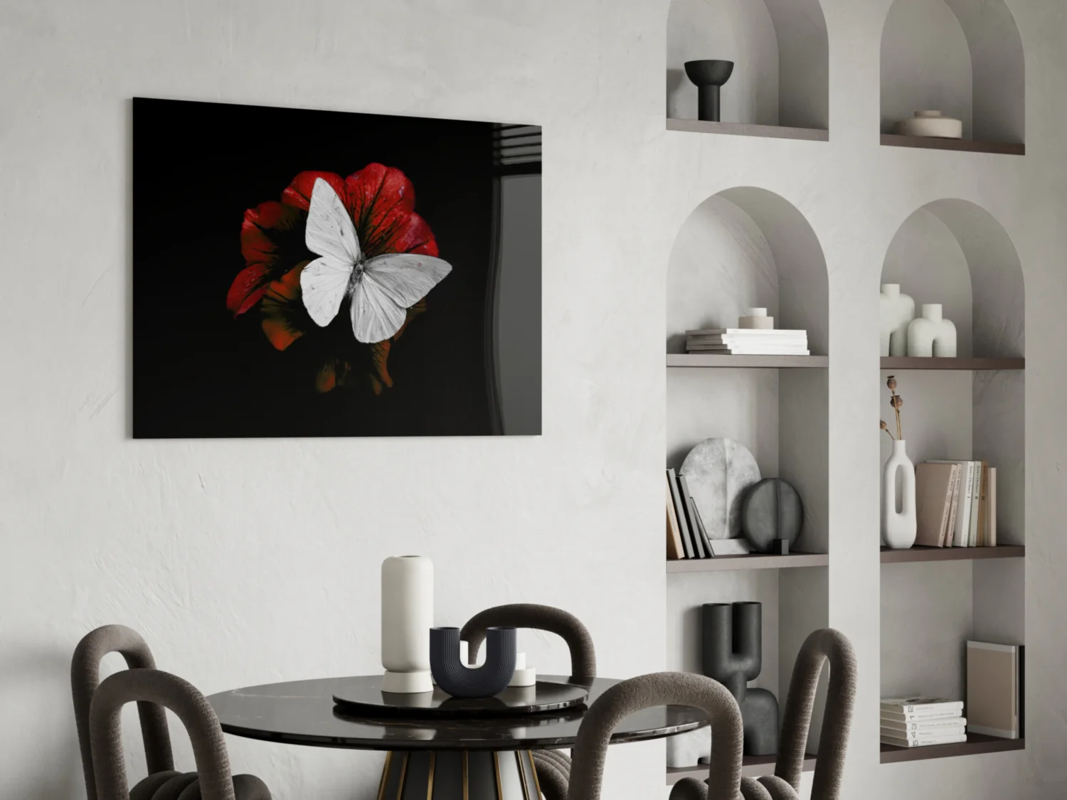 White Butterfly on Red Bloom Glass Wall Art - Image 5