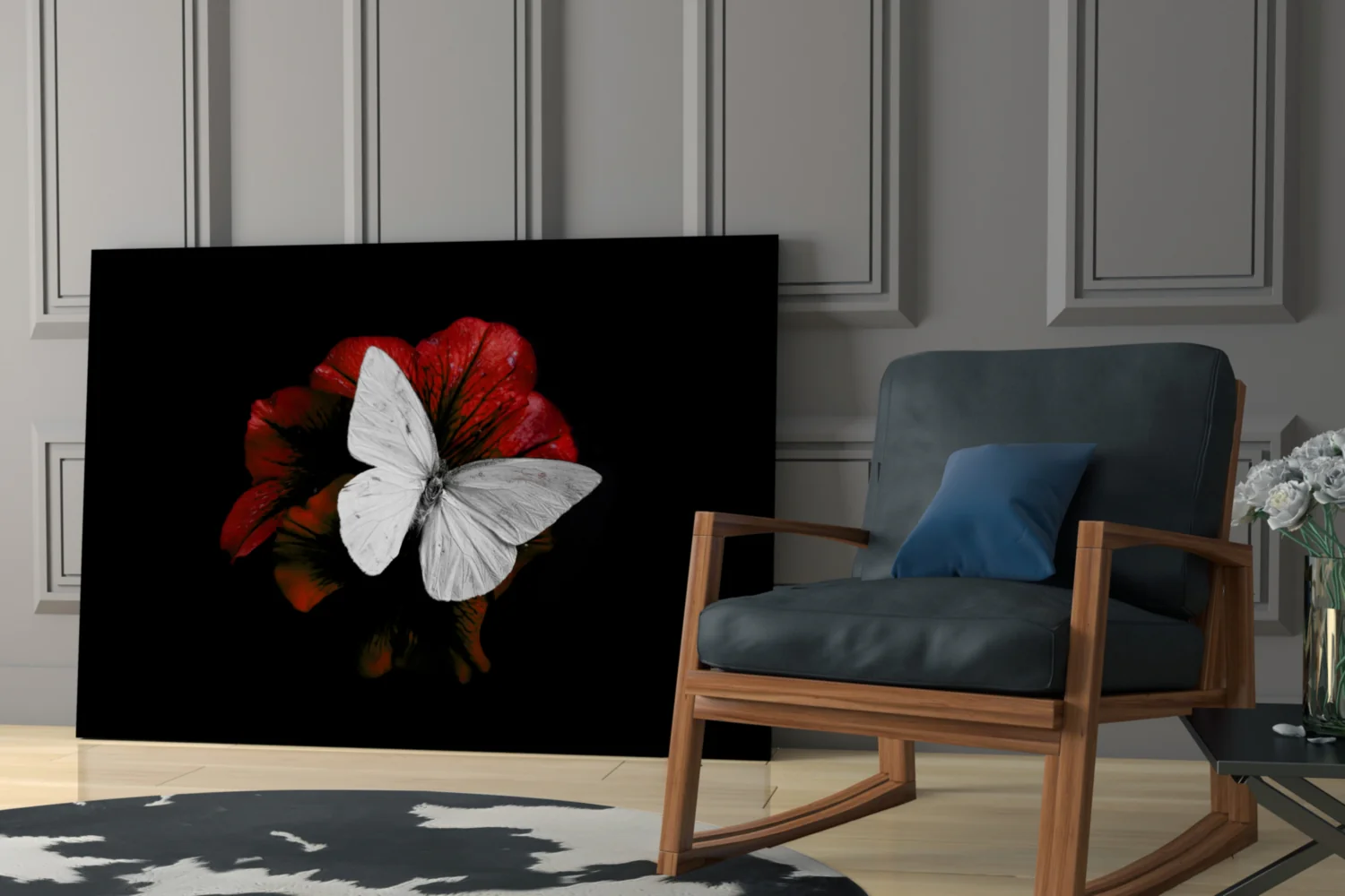 White Butterfly on Red Bloom Glass Wall Art - Image 6