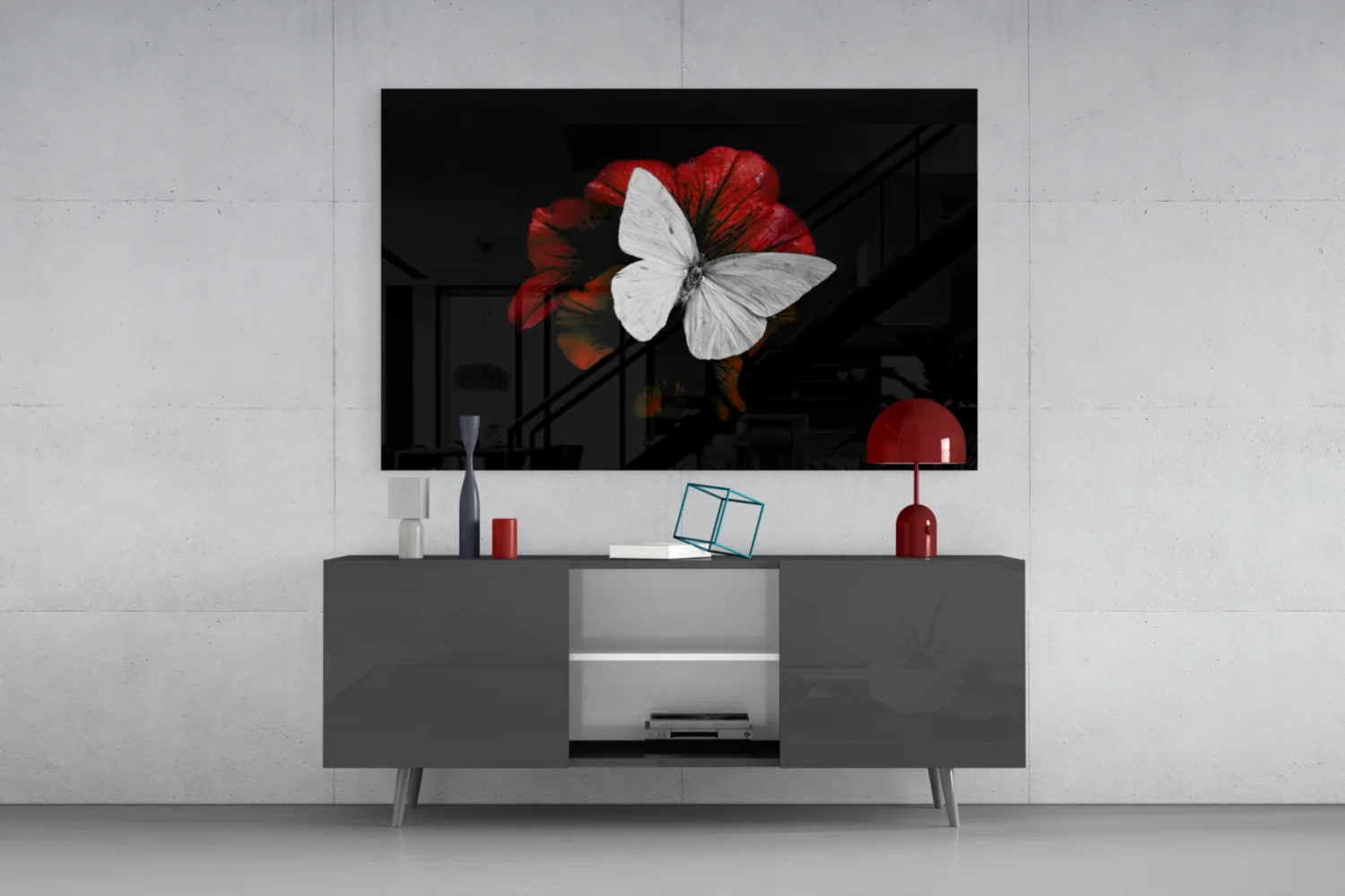 White Butterfly on Red Bloom Glass Wall Art - Image 8