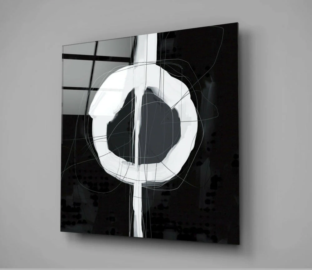 White Enso Ring on Black Glass Wall Art - Image 2