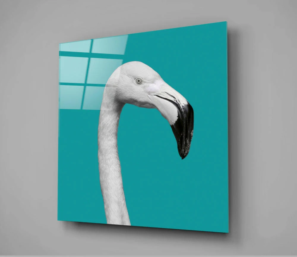 White Flamingo Head Teal Square Glass Wall Art - Image 3
