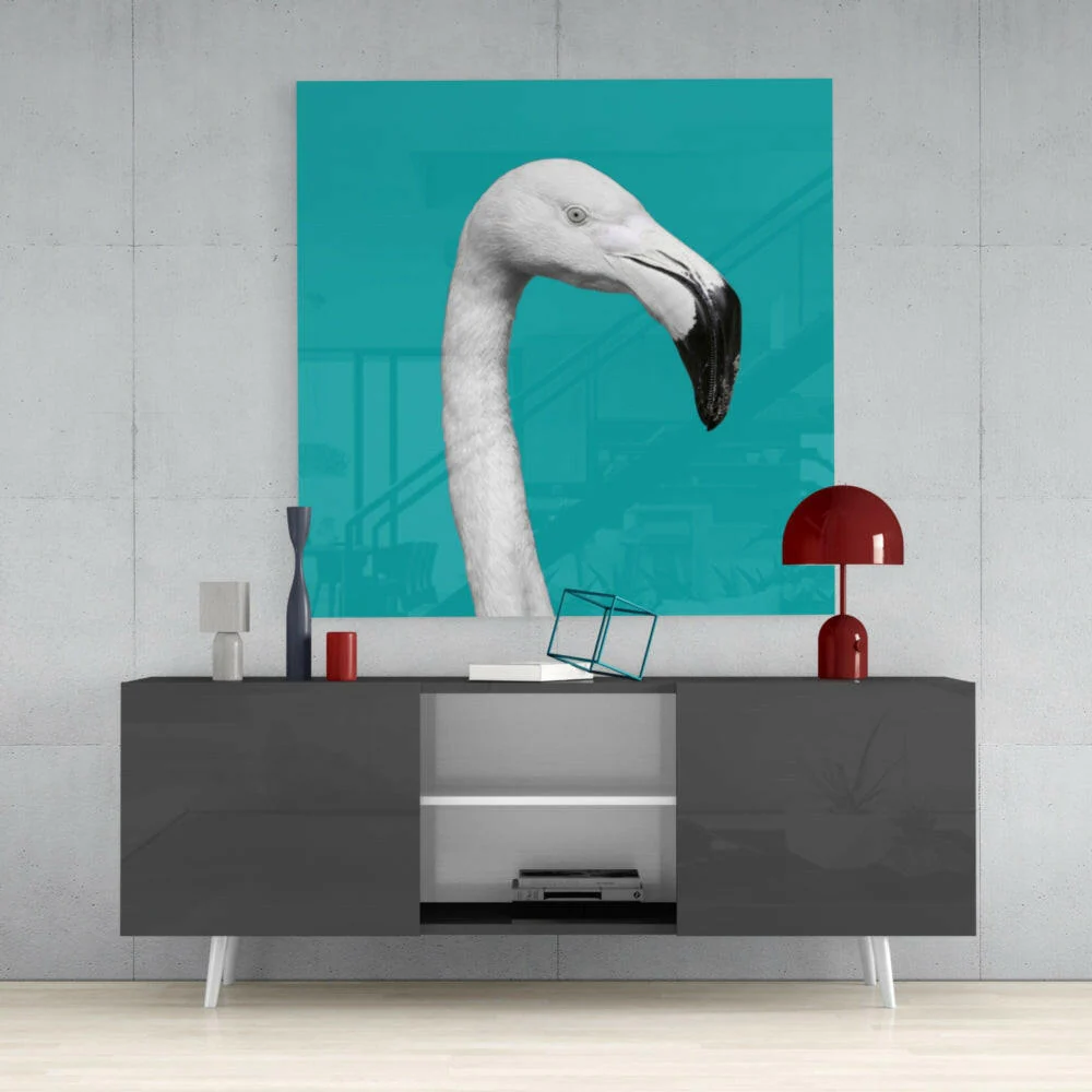 White Flamingo Head Teal Square Glass Wall Art - Image 4